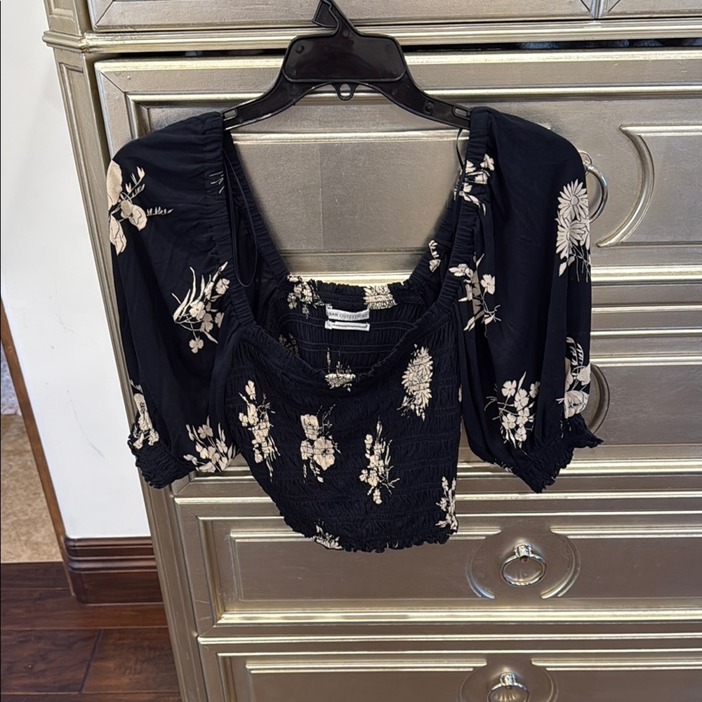 Urban Outfitters Black and Cream Floral Blouse